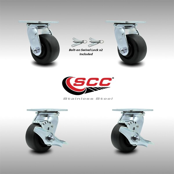 4 Inch SS Polyolefin Caster Set with Ball Bearings 2 Swivel Lock 2 Brake SCC